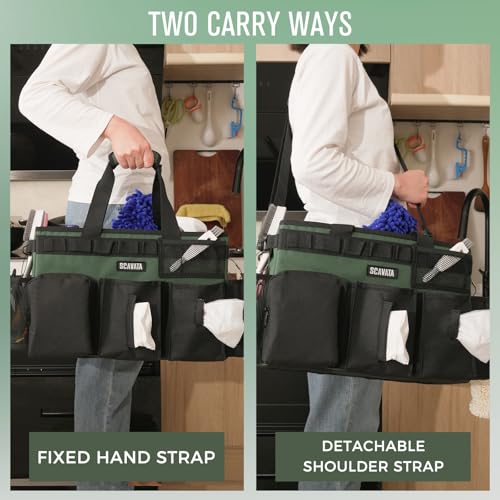 SCAVATA Wearable Cleaning Caddy Bag, Cleaning Caddy Supplies Organizer with Handle & Shoulder Straps for Housekeepers, Under Sink & Car Cleaning Tool Organizers with 4 Foldable Divider (TreeGreen) - color: TreeGreen
