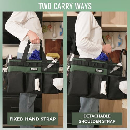 SCAVATA Wearable Cleaning Caddy Bag, Cleaning Caddy Supplies Organizer with Handle & Shoulder Straps for Housekeepers, Under Sink & Car Cleaning Tool Organizers with 4 Foldable Divider (TreeGreen) - color: TreeGreen