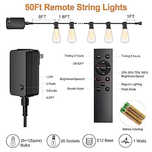 Outdoor String Lights 50FT 26 LED, Waterproof Dimmable Patio Lights - size: 50FT(27 Bulbs)