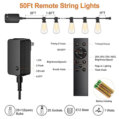 Outdoor String Lights 50FT 26 LED, Waterproof Dimmable Patio Lights - size: 50FT(27 Bulbs)