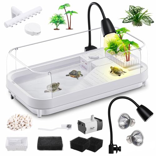 Moonorange Large Turtle Tank Kit (Tank+Lamp+Filter), Acrylic Turtle Tank Starter Kit with Heightened and Curved Fences, Bottom Drainage, Multi-Function Areas (Black Lamp) - color: L Kit-Black Lamp