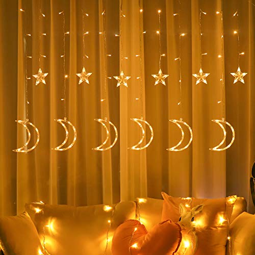 115 LED Curtain String Light Ramadan Star Moon Light 15.7 FT Fairy String Lights USB Powered 8 Modes 6 Hours Timer Indoor Decoration for Ramadan Christmas Home Bedroom Balcony Wall Party Warm White