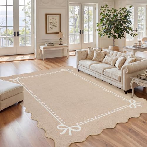 Garvee Scalloped Bow Rug for Living Room Washable Solid Camel 6x9 Area Rugs - color: Dark Beige, size: 6' x 9' (Rectangular)