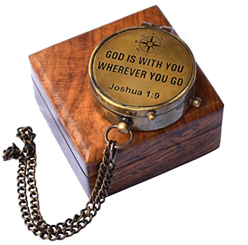 Be Strong and Courageous (Joshua 1:9) Brass Compass with wooden Box-Engraved Scripture Prayer Compass Religious Gift for Men & Women - Baptism, Confirmation, Communion Compass for Boys Graduation Gift - style: #4 God Compass (Joshua 1:9)
