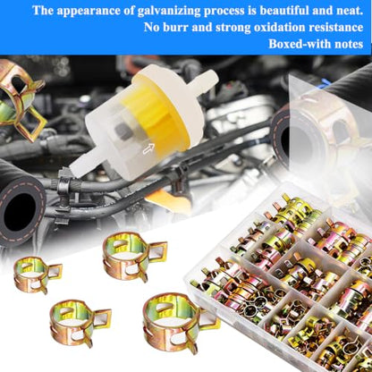 132Pcs 6-25mm Spring Band Hose Clamps Kit,15 Sizes Spring Pipe Clamps,Low Pressure Air Clip Strap Clamp for Silicone Vacuum Hose Clamp Fuel Line Clamps - color: Gold-120pcs + Plier