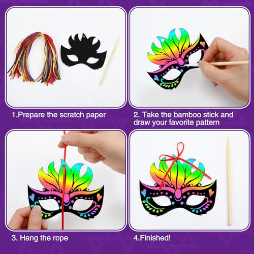 FEBSNOW 48 PCS Purim Crafts for Kids Rainbow Magic Scratch Art Paper Cards for Purim Party Favors Hanging Ornaments Classroom Activities Project DIY Crafts Gift - style: Purim