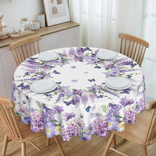 Spring Floral Tablecloth, Watercolor Purple Flower Hydrangea Butterfly Summer Seasonal Water Resisitant Wipeable Table Cover for Dining Kitchen Living Room Home Party Holiday Decor 36 inch Round - color: Floral09, size: 36" (Round)