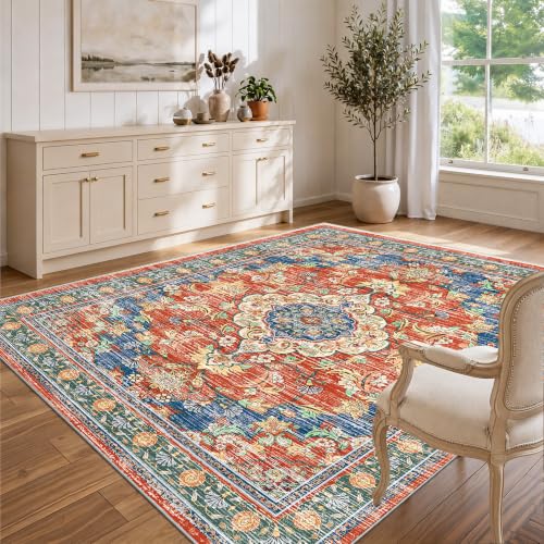 5x7 Area Rugs for Living Room, Boho Washable Non Slip Carpets, Retro Red - color: Retro Red, size: 5' x 7' (Rectangular)