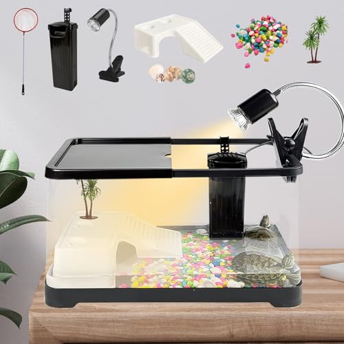 Turtle Tank Starter Kit, Upgraded Aquarium Fish Tank Kit with Filter,Fish Net, Reptile Habitat with Adjustable UV Lamp & Lid,Bask Platform for Crabs,Amphibians,Reptiles.(15.4" * 8.5" * 8.35") - size: M(15.4"x 8.5"x 8.35")