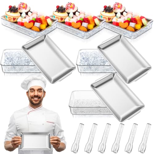 Baderke 6 Set 8.7x5.5'' Small Chilled Serving Tray for Parties with Tongs, Ice Chilled Platter Cold Serving Dish for Charcuterie Dip Fruit Seafood Vegetable Salad Appetizer Shrimp Cocktail(Sliver)