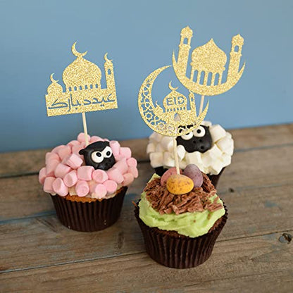 24 Pack Eid Mubarak Cupcake Toppers Glitter Star Ramadan Kareem Cupcake Pick Moon Star Eid Islamic Muslim Theme Party Cake Decoration Supplies Gold - color: Gold