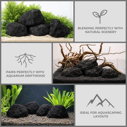 6.1-8.1 Inches Natural Black Lava Rock, 4 PCS Large Aquarium Rocks for Aquascaping, Terrariums, Reptile Tanks & Aquarium Décor - size: 6.1-8.1 in