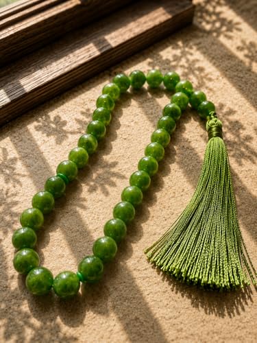 Real Stone Tasbih Prayer Beads 33 Beads – Green Islamic Misbaha Subha – Muslim Prayer Beads for Eid Ramadan Hajj Umrah