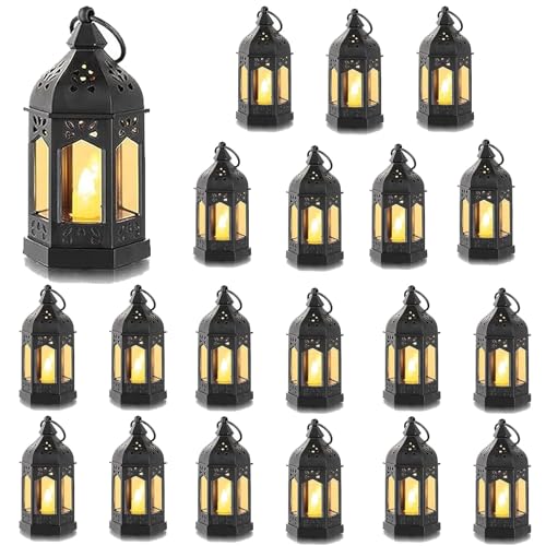 Mini Lantern with Flickering LED Candles Set of 20, Hewory Black Vintage Decorative Hanging Candle Lanterns for Halloween, Christmas, Wedding Decorations, Party, Table Centerpiece, Battery Included - color: Black, size: 20PCS