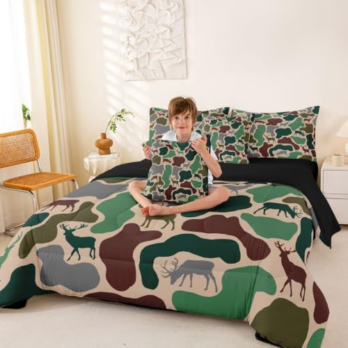 Erosebridal Camo King Comforter Set with Sheets 7 Piece Deer Hunting Bed in A Bag Army Green Military Camouflage Bedding Sets Rustic Country Wildlife Bed Set - color: Army Green Brown, size: King