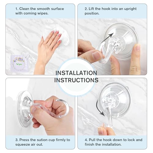 VIS'V Suction Cup Hooks with Wipes, Removable Reusable, Clear, Large, 5 Pcs | Clear Invisible Design, Locking Suction Technology, Dual Vacuum Suction, Heavy Duty, Fits for Smooth Flat Surfaces
