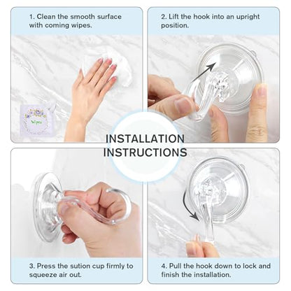 VIS'V Suction Cup Hooks with Wipes, Removable Reusable, Clear, Large, 5 Pcs | Clear Invisible Design, Locking Suction Technology, Dual Vacuum Suction, Heavy Duty, Fits for Smooth Flat Surfaces