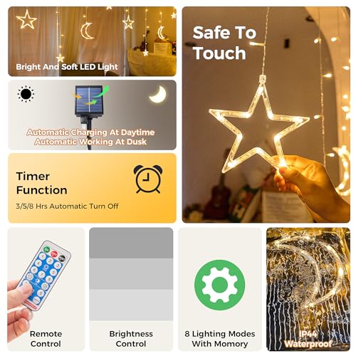 Ramadan Solar Icicle Lights,10.8ft 138 LED Outdoor Waterproof Moons Stars Curtain Window String with 8 Modes Timer Remote,USB Rechargeable Connectable Warm White Hanging Decor for Patio