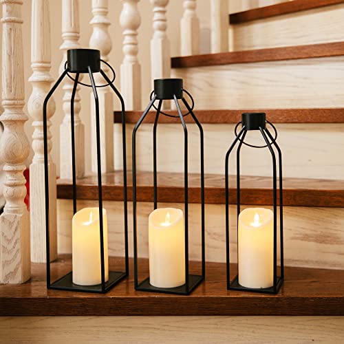 HPC Decor 55.9cm(22인치) 48.3cm(19인치) 48.6cm(16인치) 랜턴 장식, 깜박이는 타이머 캔들 포함 - 톨 라지 블랙 메탈 캔들 랜턴 3개 세트 - 실내, 실외, 탁상, 현관을 위한 현대적인 농가 장식 (유리 없음) - size: 22inch,19inch and 16inch（Black）