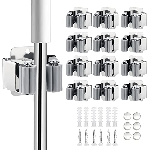 JAMEND CLXP 12PCS Broom and Mop Holder, Heavy Duty Garden Tool Organizer Rack Rake and Shovel Handle, Stainless Steel Mop Hanger. Wall Mounted Utility Rack with Screws, Silver. - color: Silver, size: 12