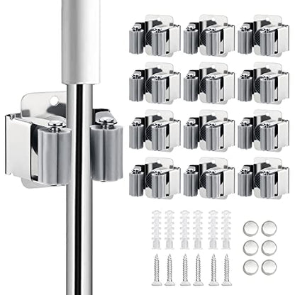 JAMEND CLXP 12PCS Broom and Mop Holder, Heavy Duty Garden Tool Organizer Rack Rake and Shovel Handle, Stainless Steel Mop Hanger. Wall Mounted Utility Rack with Screws, Silver. - color: Silver, size: 12