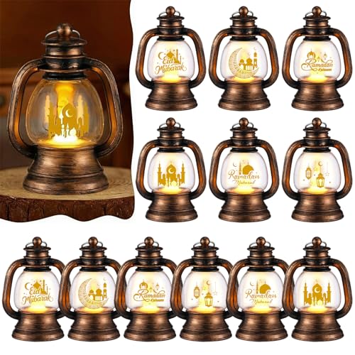 ROCEEI 12 Pcs Ramadan Eid Lantern Mini Bronze Gold Lanterns Decorative with LED Candles Small Eid Mubarak Decor Vintage Hanging Lantern Lights for Home Table Centerpiece Party Gift - color: Bronze Gold