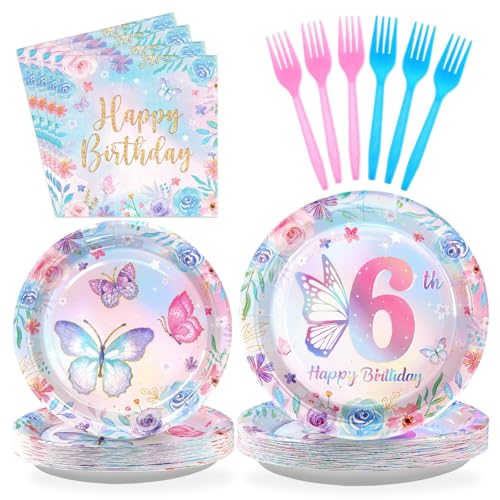 Greencian 96Pcs Butterfly 6th Birthday Party Decorations Butterflies Theme Disposable Sets for Girl Colorful Butterfly Plates, Napkins and Forks, 8 Years Old Birthday Party Supplies Serves 24 - style: Butterfly 6th Kit