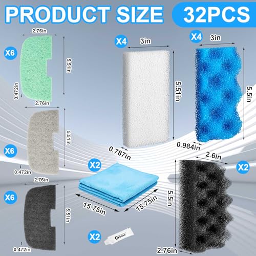 Threlaco 32 Pcs Filter Media Compatible with Fluval 106/107, Aquarium Replacement Maintenance Kit, Including Biological Sponge, Ammonia/Phosphate/Nitrite Remover Pad, Aquarium Towel, Grease - style: 106/107