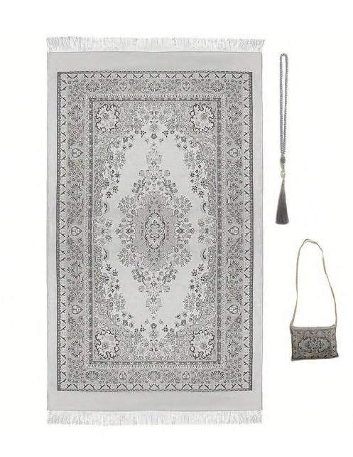 Islamic Travel Prayer mat Mus Portable Prayer Rug Muslim Prayer Mat and Prayer Beads | Janamaz | Sajadah | Soft Islamic Prayer Rugs | Taffeta Fabric 70 * 110 Blue