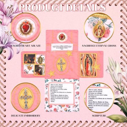 HunnmingRe Handmade Catholic Pocket with Silver Prayer Cross, Catholic Pocket Shrine with Built in Pearl Rosary Cross Prayer Quilt Portable Faith Altar Christian Gift for Friends and Family