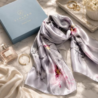 LONDON Women’s Satin Silky Scarf Gift Box Large Lightweight Silky Smooth Shawl Wrap for Hair, Head, Neck or Hijab - color: Silver Floral - Box