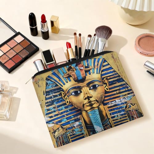 Egyptian Pharaoh Makeup Bag for Women, Cosmetic Pouch Travel Toiletry Organizer Bag 8.9"x6.5" Polyester - color: Egyptian Pharaoh