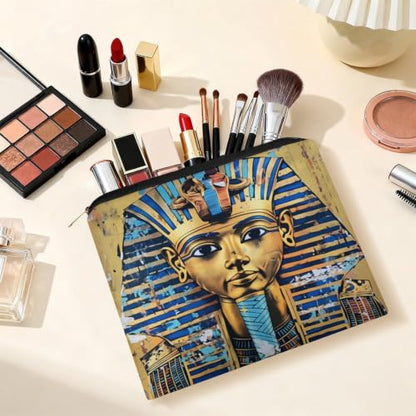 Egyptian Pharaoh Makeup Bag for Women, Cosmetic Pouch Travel Toiletry Organizer Bag 8.9"x6.5" Polyester - color: Egyptian Pharaoh