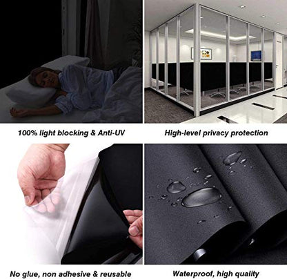 WochiTV Total Blackout Window Film 100% Light Blocking Non Adhesive No Residue Removable Opaque Static Cling Privacy Glass Tint for Home Bedroom Darkening Heat Control (17.5 in x 13.1 Ft) - color: Black, size: 17.5 Inch x 13.1 Feet