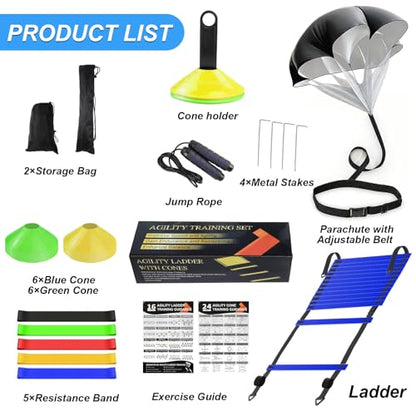 Speed Agility Training Equipment Set, Agility Ladder 20ft, 12 Football Cones, Resistance Parachute/Soccer Kick Trainer, Jump Rope, 5 Resistance Bands, Football Practice Equipment for Kids Adults - color: Blue Ladder Set