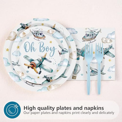 Greencian 96Pcs Airplane Boy Baby Shower Decorations, Serves 24 | Airplane Baby Shower Plates and Napkins Plane Tableware Set for Boys Little Explorer Landing Soon Adventure Party Supplies - style: Airplane Baby Shower Set