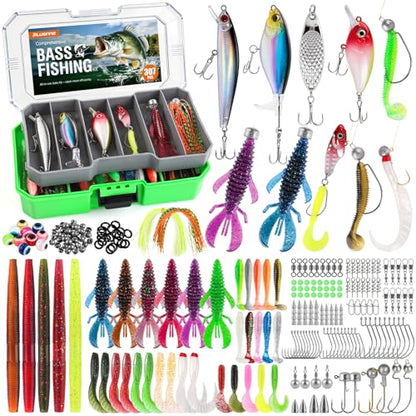 PLUSINNO Bass Fishing Lures Tackle Box Gear Kit with Tackle Included | Waterproof, Compact & Customizable, Bass Trout Fishing Gear Kit, Freshwater Topwater, 16 Rigs, Fishing Gifts for Men Starter - color: Green 307 PCS Bass Box