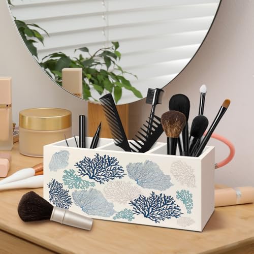Blue Coastal Wooden Pen Pencil Holder for Desk Accessories, Beach Lover Gifts, Beach Office Decor, Ocean Coastal Coral Wood Makeup Brush Toothbrush Holder Organizer for Vanity Bathroom