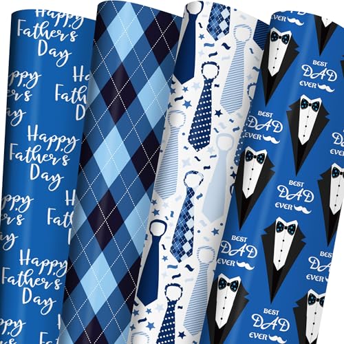 Cuitpan Father's Day Wrapping Paper - Blue Gift Wrap for Men With Happy Father's Day,Suit, tie, Hat, Mustache and Plaid Design - 20×29 Inches, 8 Folded Sheets Easy to Store - color: Blue-Father's Day