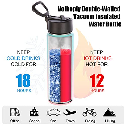 Volhoply Insulated Water Bottles with Straw Bulk 4 Pack, 22 oz Stainless Steel Sports Bottle with Handle Lid,Double Walled Vacuum Metal Travel Water Cups Flask for School Hiking(Green Pink,4 Set) - color: Green Pink