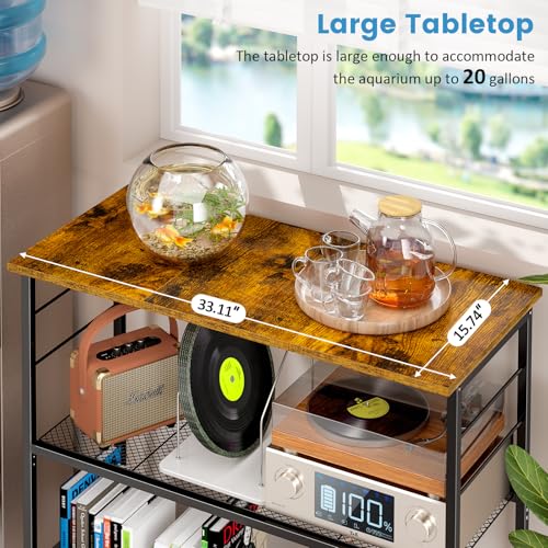 ThreeHio 20 Gallon Fish Tank Stand, 3 Tier Aquarium Stand with Adjustable Shelf, 33.11" L* 15.75" W Tabletop, Heavy Duty Terrarium Stand with Lockable Wheels, Rolling Storage Cart Shelf Rack Organizer for Kitchen, Living Room, Office, Balcony