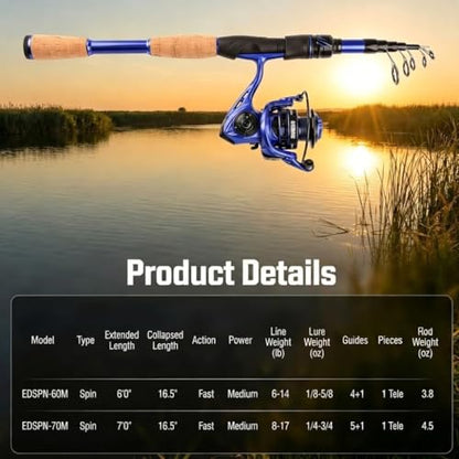 Telescopic Fishing Rod and Reel Combo | 30T Carbon Fiber Spinning Rod with 12+1BB Reel | Portable Lightweight Pole | Bass Trout Panfish | Freshwater Saltwater - color: Bule Combo with Tools