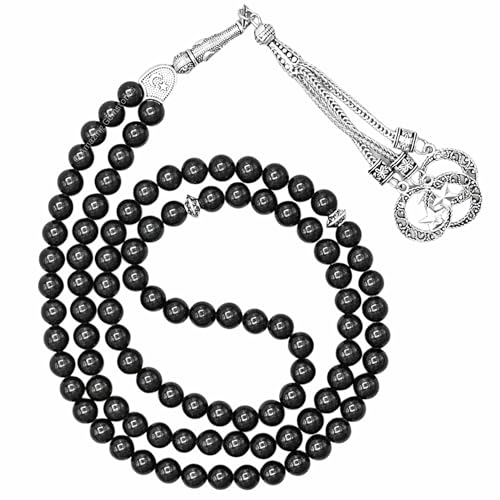 Amazing Gemstone Black Tourmaline Tasbeeh with Moon and Star Charm - Certified Crystal Muslim Prayer Beads Natural Gemstone Tasbih for Ramadan Dhikr and Daily Namaz (S) - color: Black Tourmaline