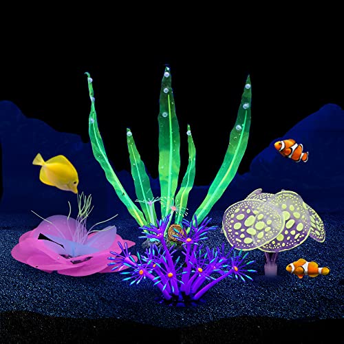 Lpraer 4 Pack Glow Aquarium Decorations Coral Kelp Anemone Lotus Coral Simulation Glow Plant Glowing Effect Silicone for Fish Tank Decorations - color: 4 Pcs(coral+anemone+kelp+lotus Coral)