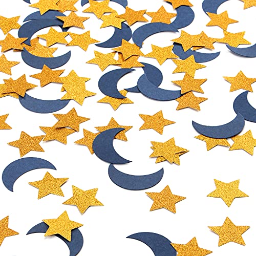 Navy-Blue Moon Gold Star Confetti - 300pcs Glitter Twinkle Little Star Table Confetti Eid Ramadan Mubarak Decoration Birthday Wedding Baby Shower Party Decor Lasting Surprise - color: Navy Blue White Gold