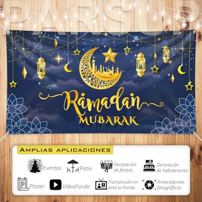 Ramadan Mubarak Banner, Large Fabric Muslim Ramadan Kareem Backdrop Decorations, Ramadan Sign Photo Booth Backdrop Background for Muslim Ramadan Party Supplies, 78 x 43INCH