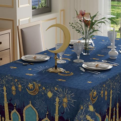 XCHI Green Castle Golden Lantern Stars and Moons Ramadan Mubarak Tablecloth Rectangle Table Cloth Table Covers for Indoor Dining Home Party Decorations 60x104 Inch - size: 104" x 60" (Rectangular)