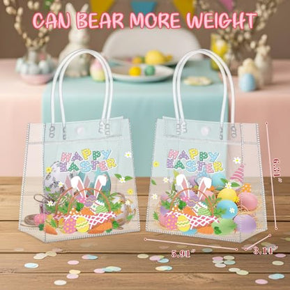 Aliceset 24 Pcs Happy Easter Gift Bags Bulk - Colorful Easter Clear PVC Gift Bags with Handle Reusable Eggs Bunny Goodie Candy Tote for Egg Hunt Party Supplies (Rabbit, 6.31"x 5.91"x 3.15") - style: Bunny Ear