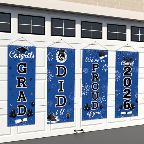 Panelee 4 Pcs Black Blue Graduation Party Decorations 2026 Congrats Grad Porch Banners Class of 2026 Hanging Banner Backdrop for Classroom School Doorway Indoor Outdoor Wall Hanging Decor - style: Black Blue Grad