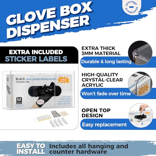 Storage Standard Glove Box Holder Dispenser - Kitchen, Medical, & Latex Gloves Holder Wall Mount or Countertop, Universal Fit - Thick Acrylic, Easy to Use, Slide, & Load Open Top Design - Clear - color: Clear - Single